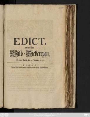 Edict, wegen der Wild-Diebereyen : De dato Berlin den 9. January 1728.