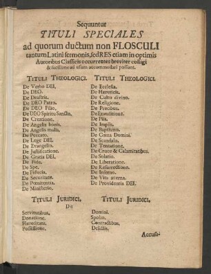 Sequuntur Tituli Speciales ad quorum ductum non Flosculi ...