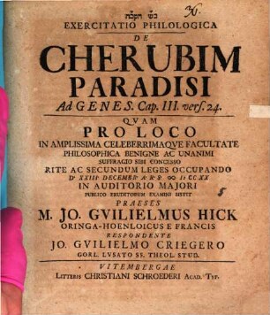 Exercitatio philol. de Cherubim paradisi, ad Genes. III, 24.