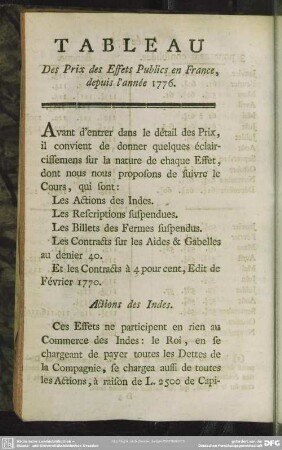 Tableau Des Prix des Effets Publics en France, depuis l' année 1776