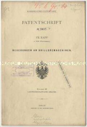 Patentschrift über Neuerungen an Drillsämaschinen, Patent-Nr. 7617