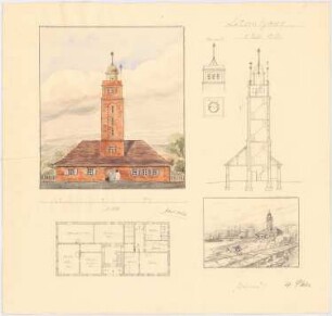 Lotsenhaus: Ansicht, Querschnitt, Grundriss, perspektivische Ansicht