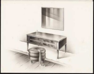 Frisierschränkchen mit zwei Schiebern, Hocker und Spiegel, Deko