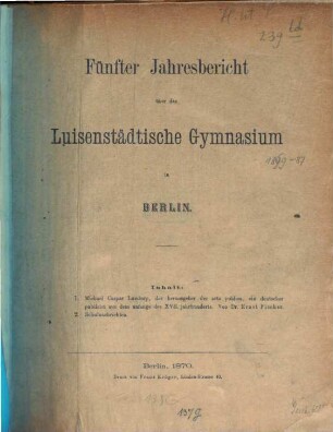 Jahresbericht über das Schuljahr .... 5. 1869/70