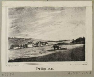 Ortsansicht von Gottgetreu (Altenberg) über ein Feld mit pflügendem Pferd, aus Sachsens Kirchen-Galerie von Hermann Schmidt