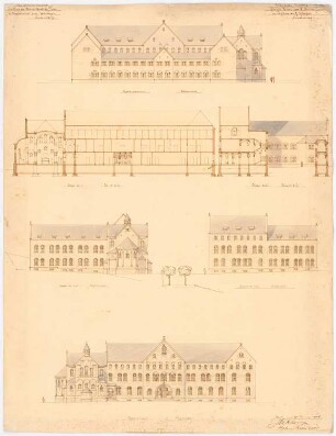 Herz Jesu Kloster, Fünfbrunnen (Cinqfontaines): Ansichten aller Seiten und Längsschnitt 1:200