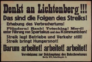 "Denkt an Lichtenberg!" Aufruf gegen den von den Spartakisten und Kommunisten initiierten Streik