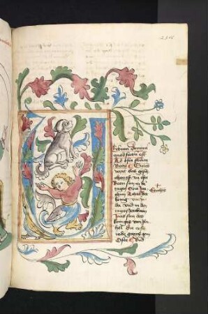 V-Initiale mit Mischwesen, Hund und Vogel