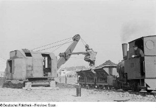 Verladen von Steinen und Erde mit Hilfe eines Baggers auf eine Trümmerbahn