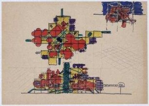 Ideenwettbewerb "Dienstleistungszentrum Langenberg " (nicht realisiert), 1. Preis – Lageplan, Perspektivansicht, Schnitt. Langenberg