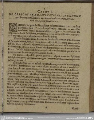 Caput I. De Objecto Praedestinationis Secundum qualitatem consideratio: ubi de ordine decretorum divinorum circa praedestinationem