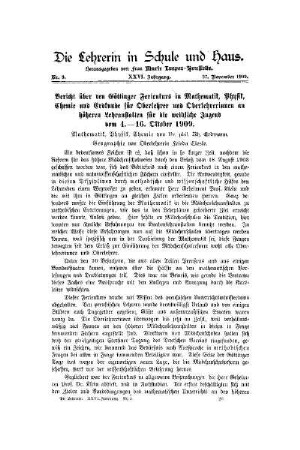 Bericht über den Göttinger Ferienkurs in Mathematik, Physik, Chemie und Erdkunde für Oberlehrer und Oberlehrerinnen an höheren Lehranstalten für die weibliche Jugend vom 4.-16. Oktober 1909