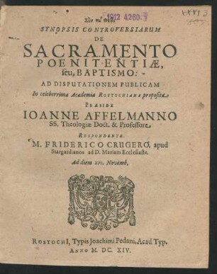 Synopsis Controversiarum De Sacramento Poenitentiae, seu, Baptismo