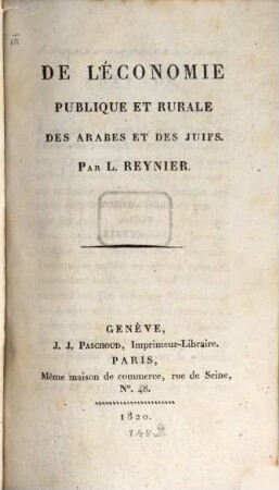 De l'économie publique et rurale des Arabes et des Juifs