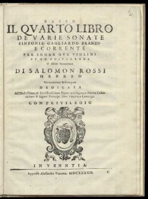 Salomone Rossi: Il quarto libro de varie sonate sinfonie gagliarde, brandi, e corrente ... nuovamente ristampate. Basso