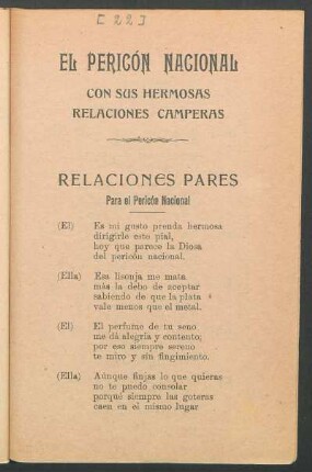 Relaciones pares para el Pericon nacional
