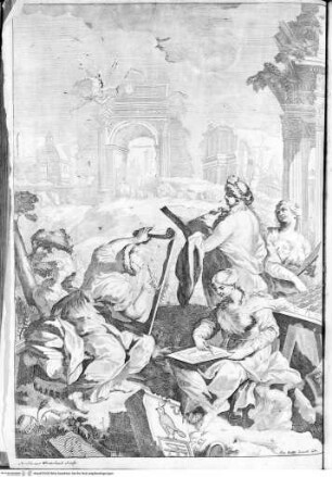Ciampini, Giovanni Giustino: De sacris aedificiis a Constantino Magno constructis, Rom 1693, Allegorie auf die Malerei (Blatt gegenüber dem Titelblatt; ebenfalls in: Ciampini, Vetera monumenta, 1 + 2 , Roma 1690-1699)