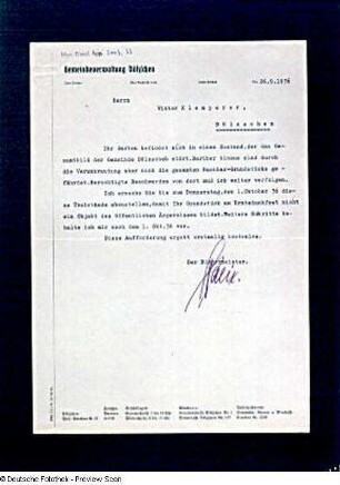 Schreiben der Gemeindeverwaltung Dölzschen an Prof. Victor Klemperer vom 26.09.1936 mit der Auflage zur Grundstückspflege