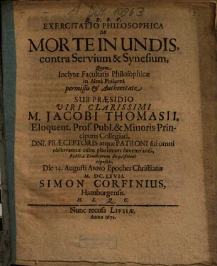 Exercitatio philosophica de morte in undis, contra Servium & Synesium