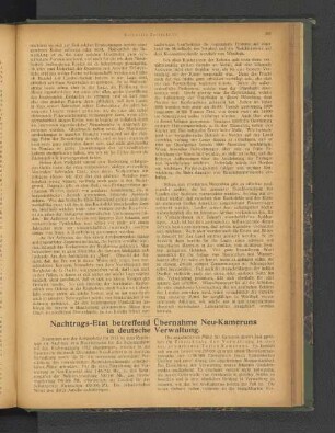 Nachtrags-Etat betreffend Übernahme Neu-Kameruns in deutsche Verwaltung.