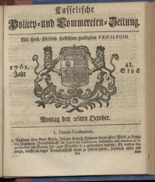 43. Stueck, Montag den 26ten October 1761