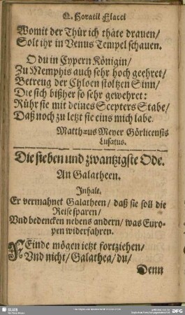 Die sieben und zwantzigste Ode. An Galatheen