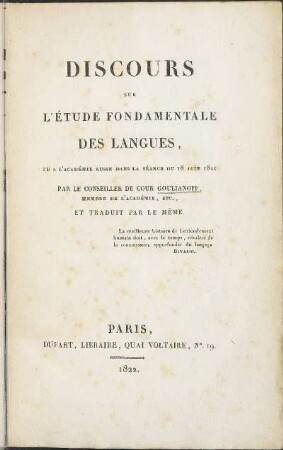 Discours Sur L'Etude Fondamentale Des Langues, Lu A L'Académie Russe Dans La Séance Du 18. Juin 1821