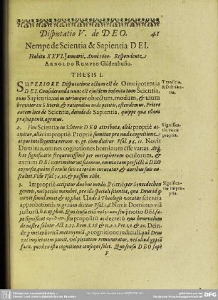 Disputatio V. de Deo. Nempe de Scientia & Sapienta Dei. Habita XXVI. Januarii, Anni 1600. Respondente. Arnold Rumpio Gildenhusio
