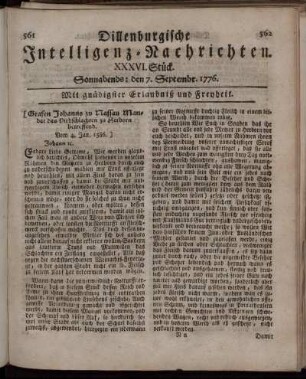 XXXVI. Stück: Sonnabends: den 7. September 1776