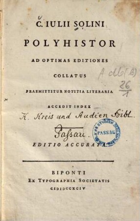 C. Iulii Solini Polyhistor : Ad Optimas Editiones Collatus ; Praemittitur Notitia Literaria ; Accedit Index