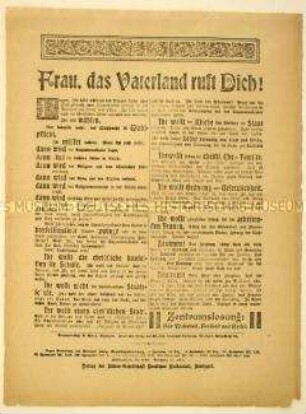 Programmatischer antisozialdemokratischer Aufruf der Zentrumspartei an die Frauen zur Wahrnehmung ihres Wahlrechts anlässlich der Wahl zur konstituierenden Nationalversammlung