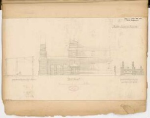 Wasserhebewerk auf dem Kreuzberg, Berlin Monatskonkurrenz Februar 1886: Aufriss Hofansicht, Ansicht Einfriedung, Querschnitt Kohlenraum; Maßstabsleiste