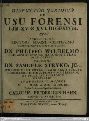Disputatio Iuridica De Usu Forensi Lib. XV. & XVI. Digestor