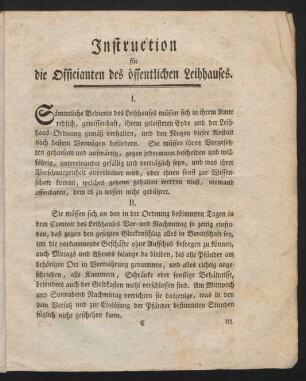 Instruction für die Officianten des öffentlichen Leihhauses.
