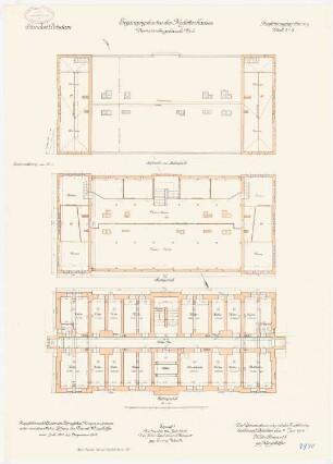 Kadettenhaus der Garnison Potsdam Ergänzungsbauten: Dienstwohngebäude Nr. 6: Grundriss Keller, Dachgeschoss, Dachaufsicht 1:100