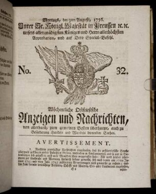 No. 32. Montags, den 9ten Augusti, 1756.