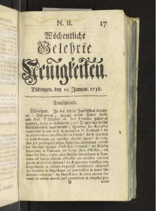 N. II. Tübingen, den 10. Januar. 1738