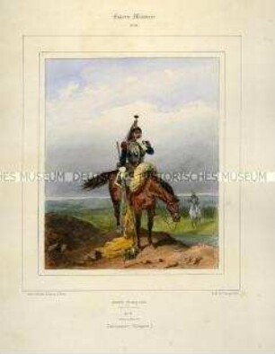 Uniformdarstellung, Kürassier mit Lanzenfahne zu Pferd, Kaiserreich Frankreich, 1804/1812. Tafel Nr. 25 aus: Galerie Militaire.