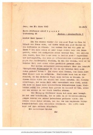 Brief von Peter Diederichs an Adolf Spamer 30.03.1943