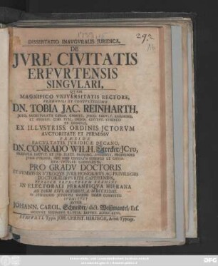 Dissertatio Inavgvralis Juridica, De Jvre Civitatis Erfvrtensis Singvlari