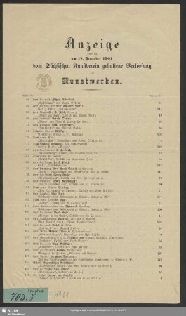 1901: Anzeige über die am ... vom Sächsischen Kunstverein gehaltene Verlosung von Kunstwerken