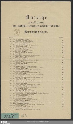 1901: Anzeige über die am ... vom Sächsischen Kunstverein gehaltene Verlosung von Kunstwerken