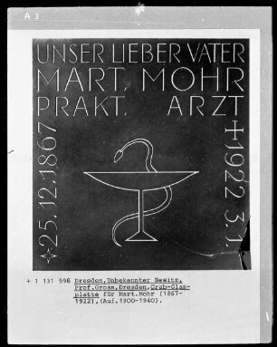 Grab-Glasplatte für Martin Mohr (Arzt, 1867-1922)