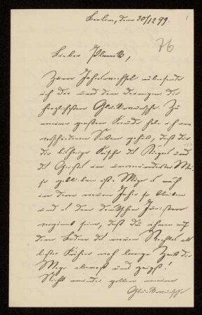 76: Brief von Hermann Struckmann an Gottlieb Planck, Berlin, 30.12.1899