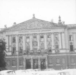 Leipzig. Augusteum (Universitätshauptgebäude) und Universitätskirche St. Pauli kurz vor Sprengung und Abbruch, Mai 1968