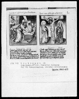 Zwei Schriften — Speculum humanae salvationis — Textseite mit zwei Miniaturen, Folio 95recto