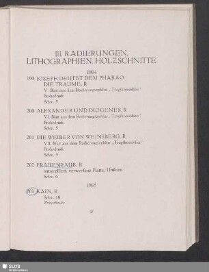 III. Radierungen, Lithographien, Holzschnitte