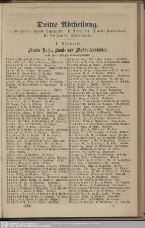 Dritte Abtheilung. Fremde Buchhändler. – Fremder Handelsstand. - Verkehrsmittel