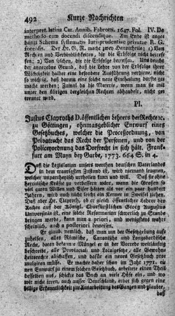 Ohnmaßgeblicher Entwurf eines Gesetzbuches, welcher die Proceßordnung, vom Privatrecht das Recht der Personen, und von der Policeyordnung das Dorfrecht in sich hält.