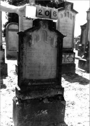 Grabstein 206 (Index: 99797659) Material: Sandstein, weiß Zustand: leicht verwittert Maße HxBxT: 109x46x13 cm Beschreibung: Stele, giebelartiger Abschluß, rechteckig erhöht, getreppter Sockel Symbolik: achtzackiger Stern: Grabstein 206